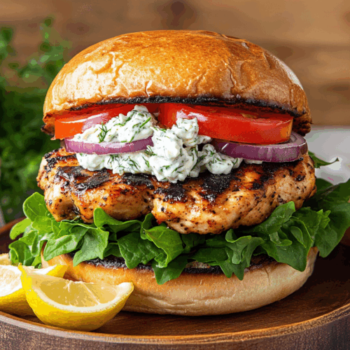 Zesty Greek Souvlaki Chicken Burger Bursting With Mediterranean Flavor