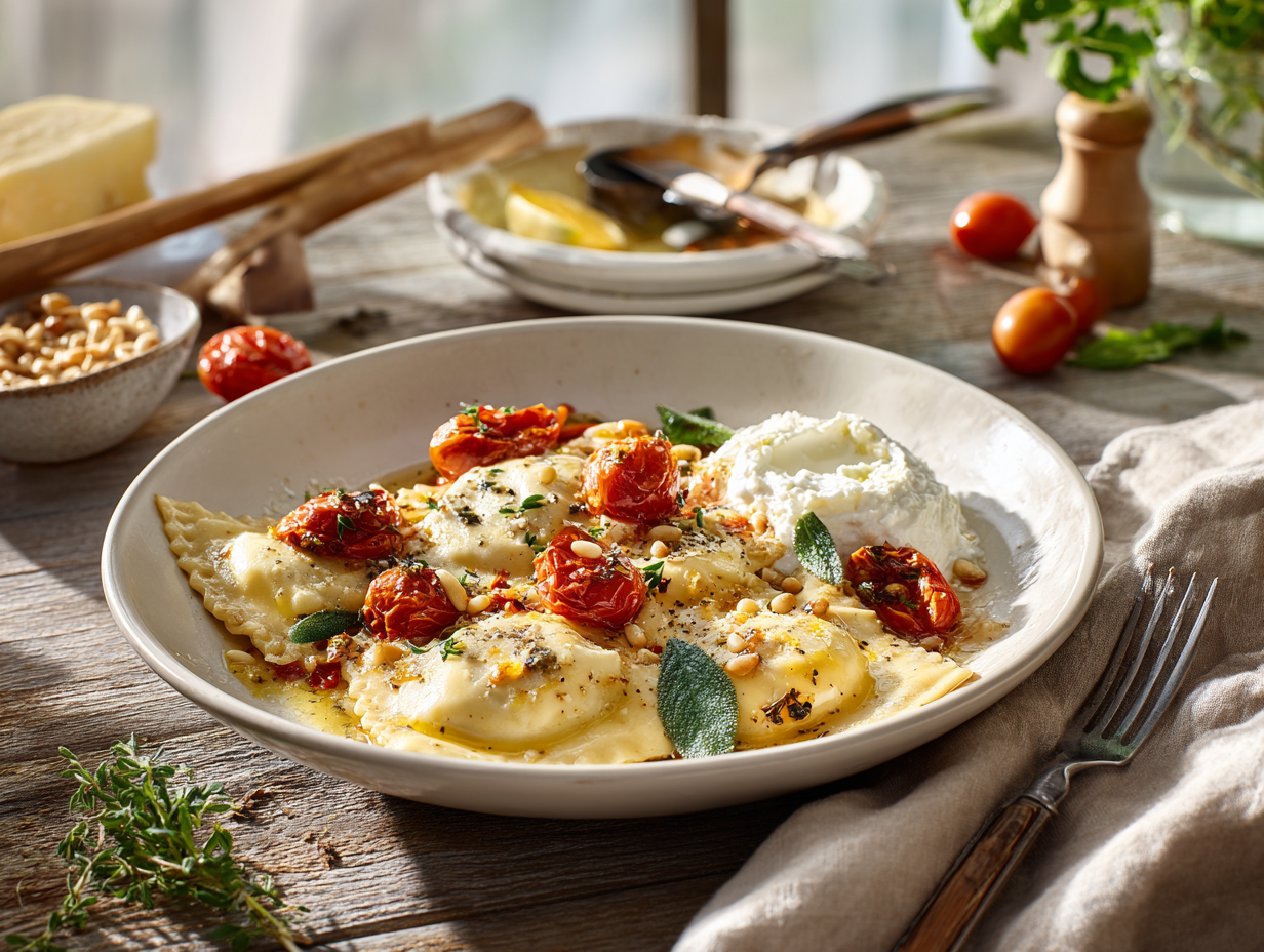 30-Minute Brown Butter Sage Ravioli with Burst Tomatoes & Lemon Ricotta