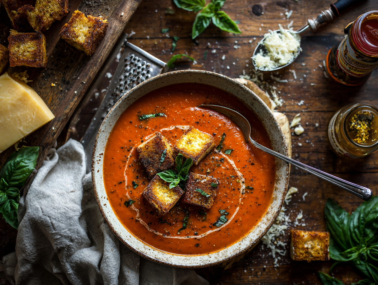 30-Minute Tomato Basil Soup with Grilled Cheese Croutons