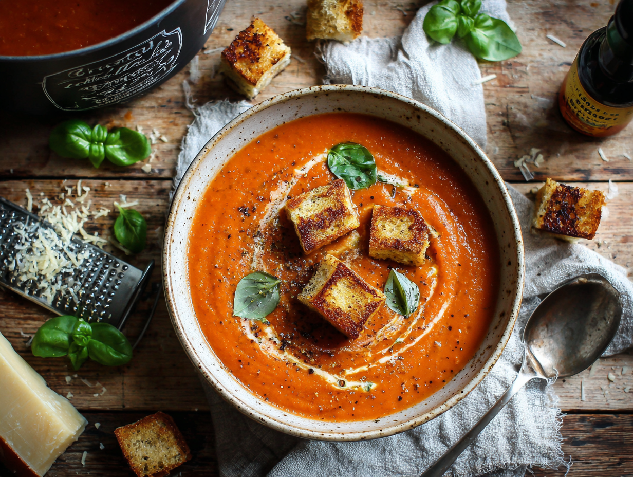30-Minute Tomato Basil Soup With Grilled Cheese Croutons
