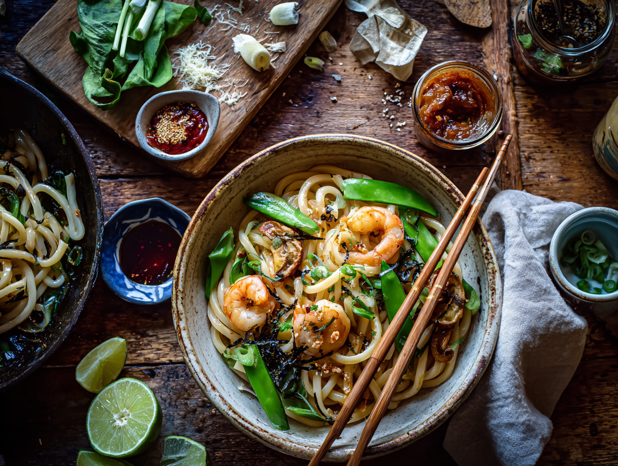 Garlic-Miso Butter Udon With Shrimp &Amp; Snap Peas