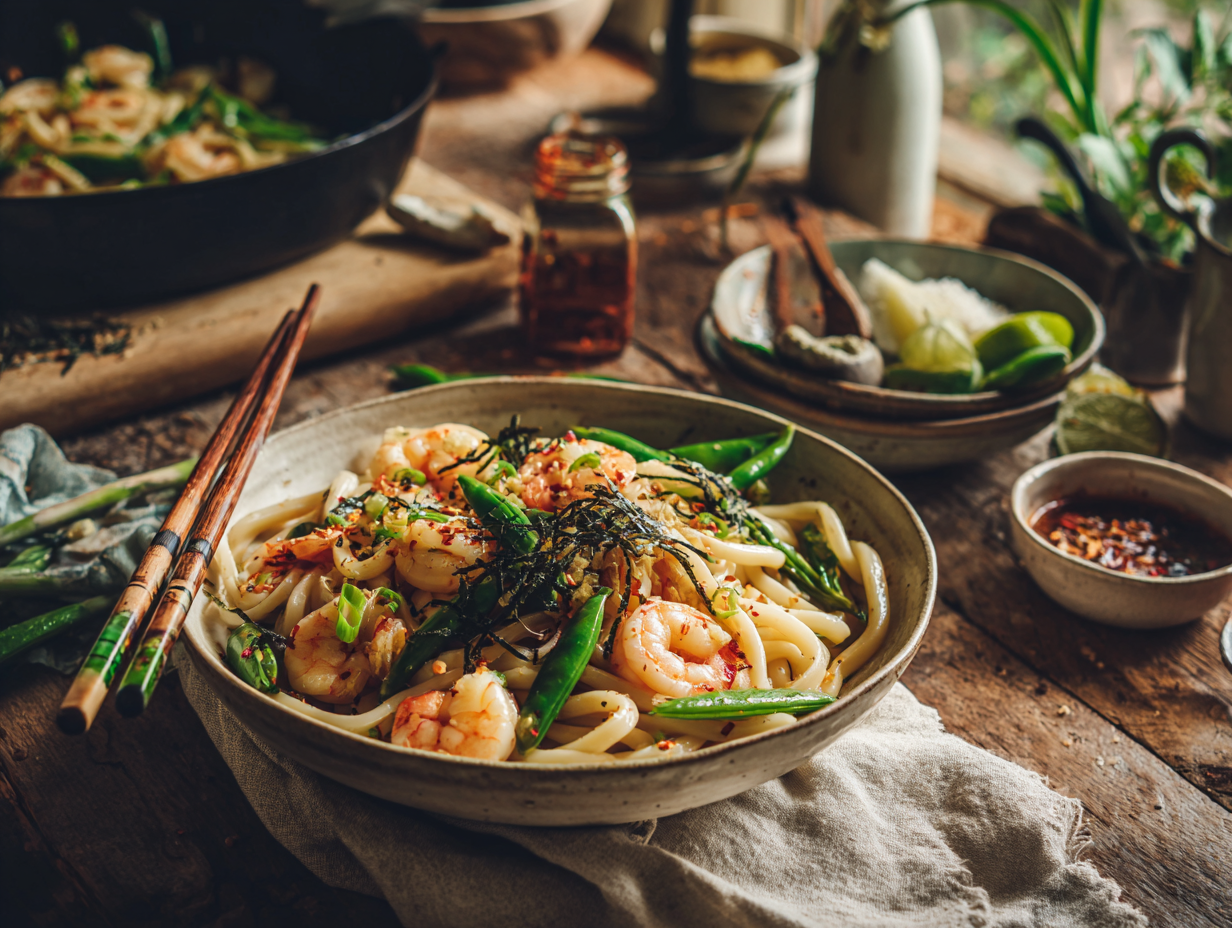 Garlic-Miso Butter Udon with Shrimp & Snap Peas