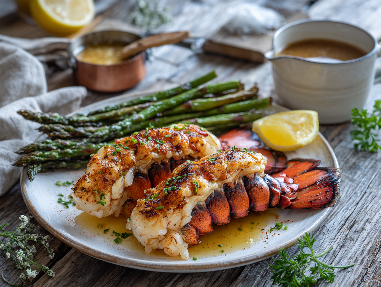 Broiled Lobster Tails with Garlic-Lemon Brown Butter and Charred Asparagus