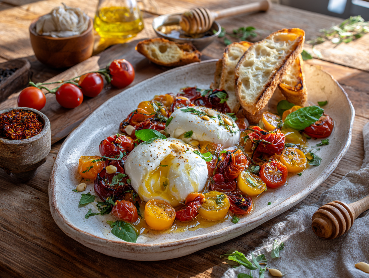 Blistered Tomato &Amp; Basil Burrata With Chili-Honey And Garlic Toast