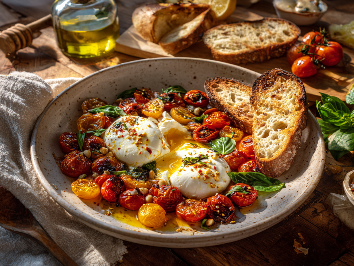 Blistered Tomato & Basil Burrata with Chili-Honey and Garlic Toast