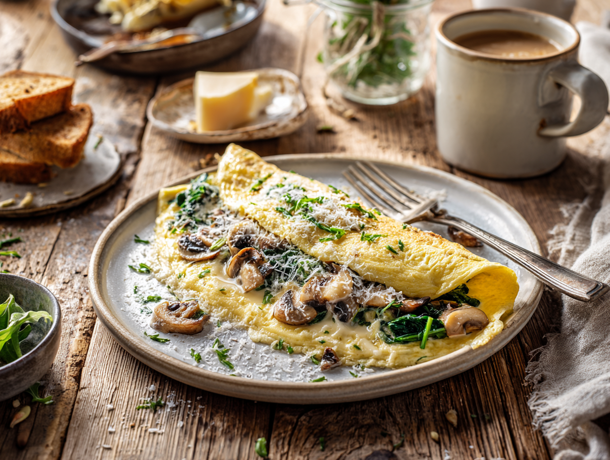 Silky French Omelette with Herbed Cheese, Mushrooms & Spinach