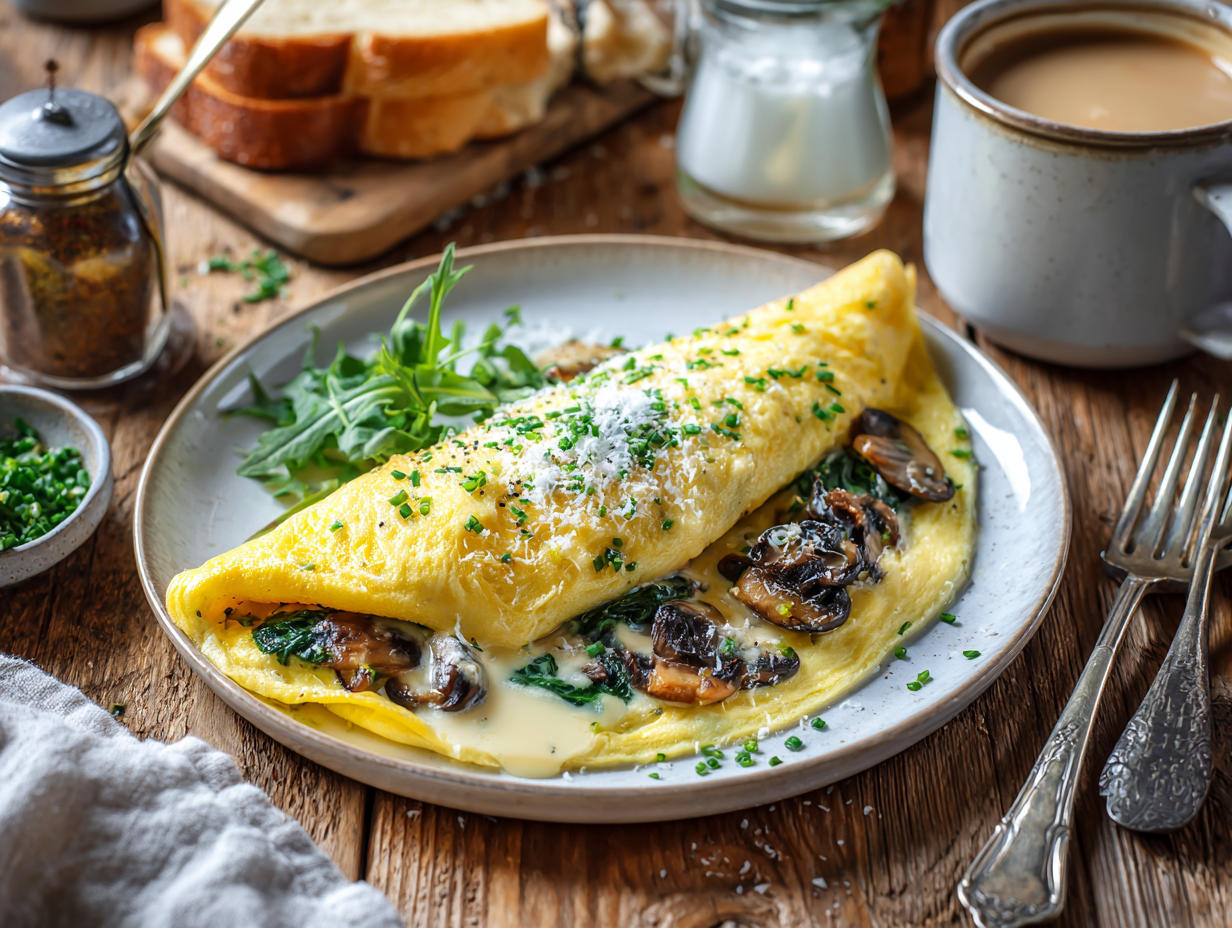 Silky French Omelette With Herbed Cheese, Mushrooms &Amp; Spinach