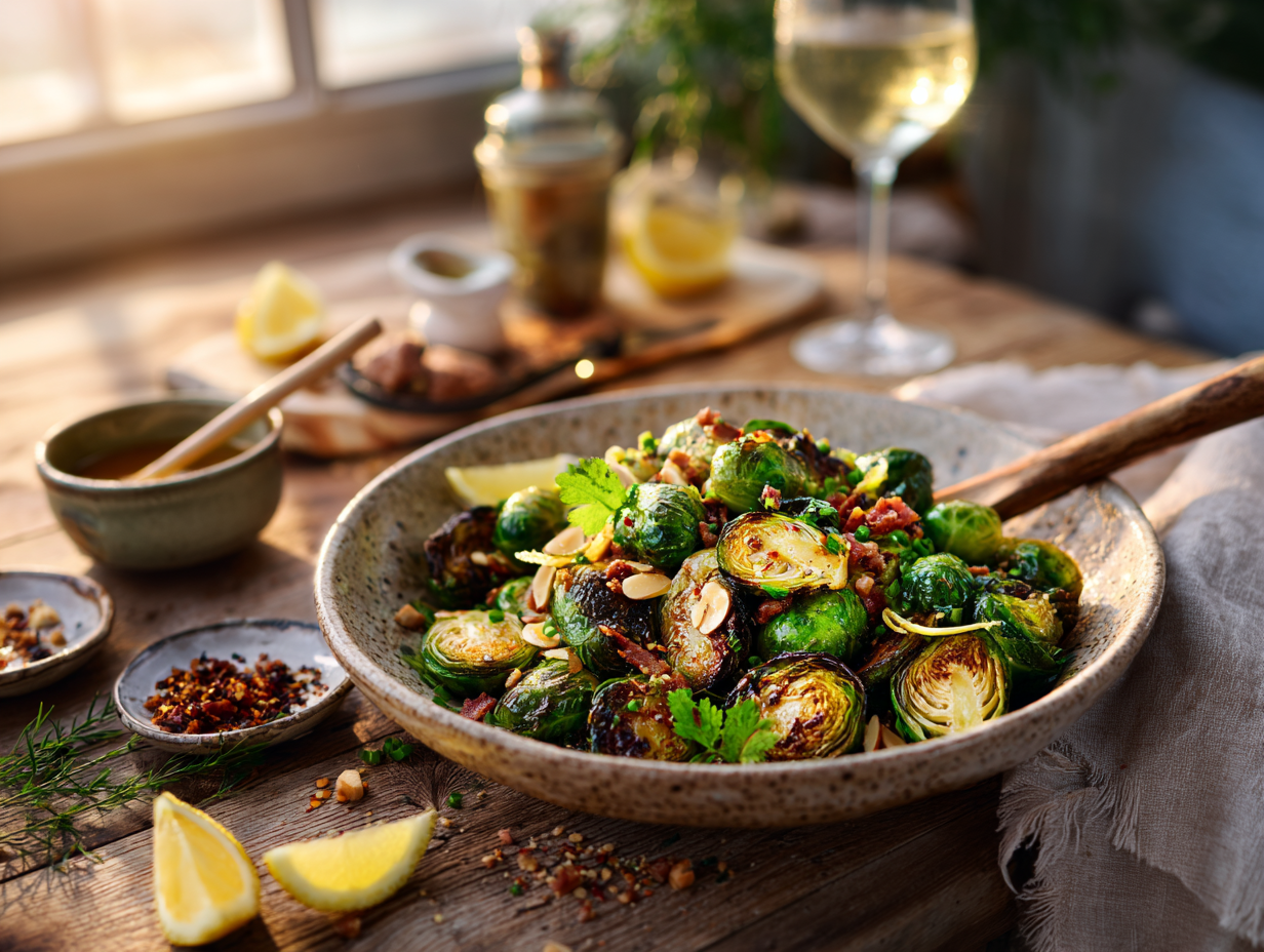 Charred Brussels Sprouts with Maple-Miso Brown Butter & Crispy Pancetta