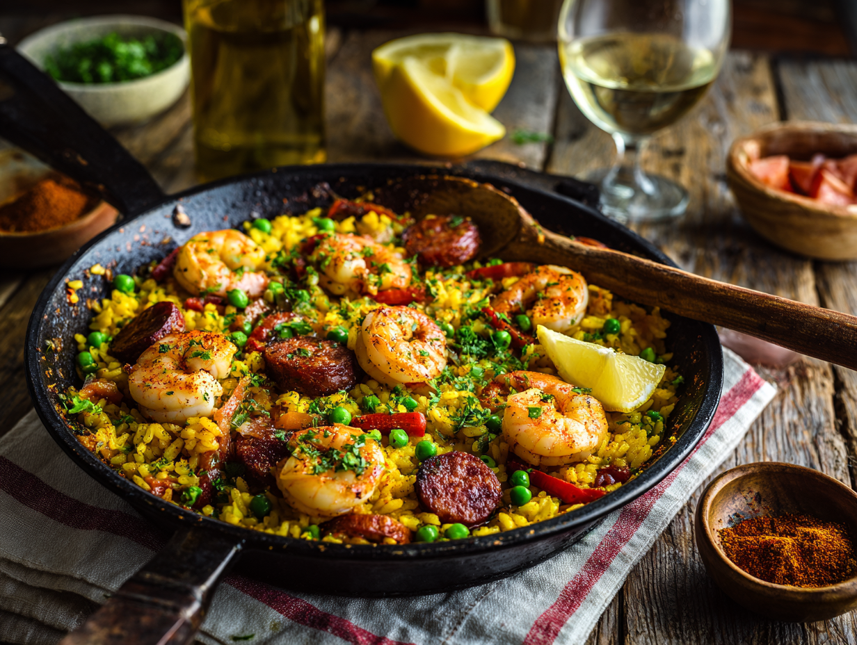 30-Minute Skillet Paella Recipe (Seafood & Chicken)