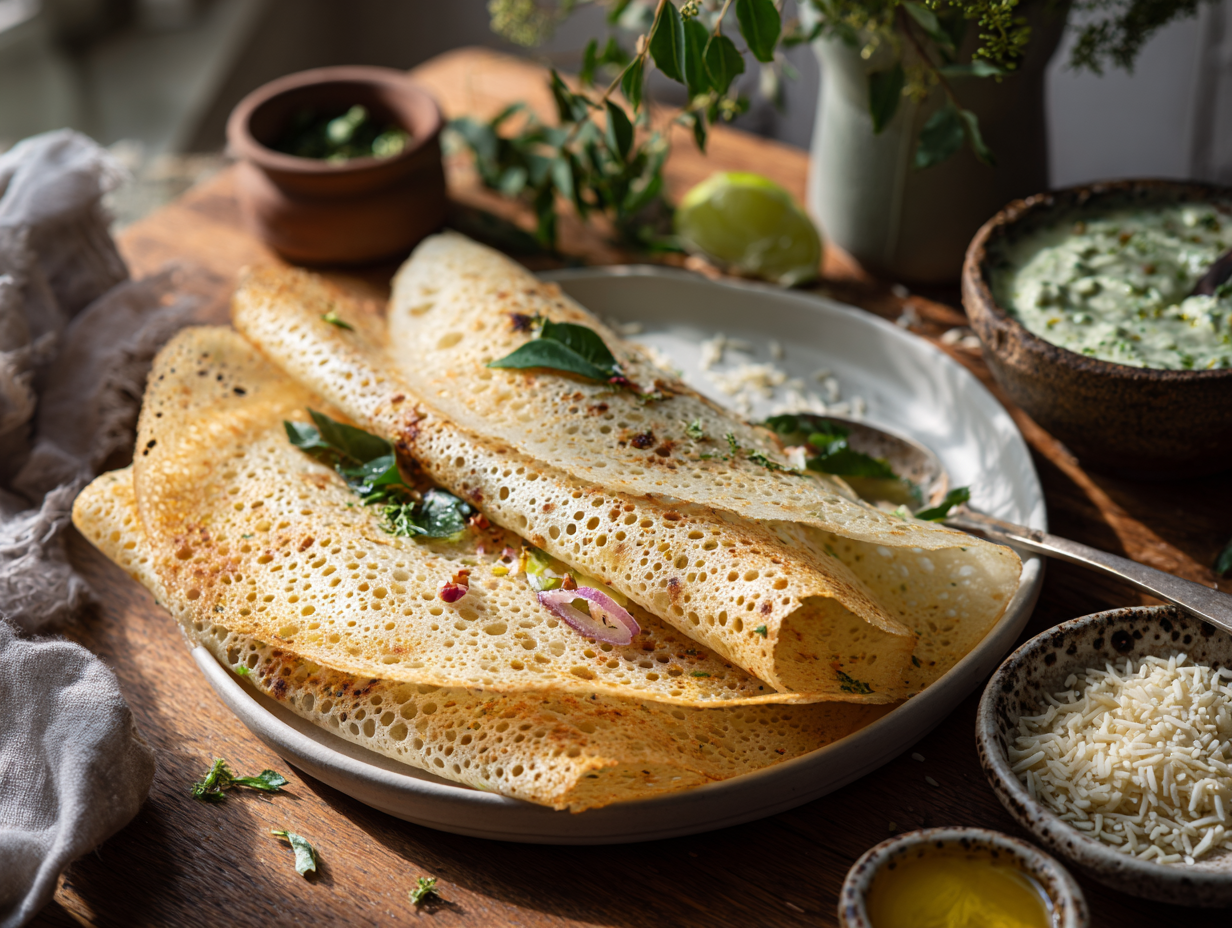 Crispy Instant Rava Dosa with Quick Coconut-Cilantro Chutney