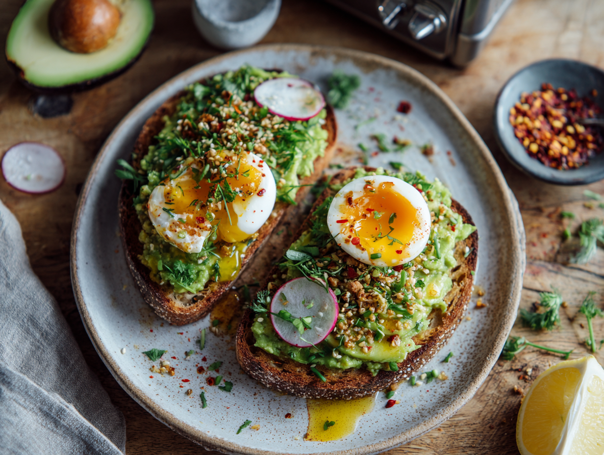 Cafe-Style Avocado Toast With Lemon–Chili Crunch And Jammy Egg