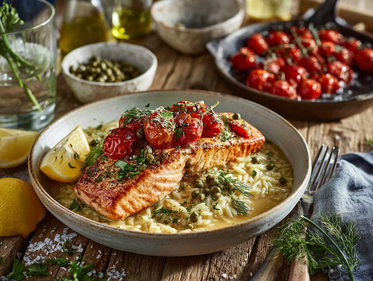 Crispy Lemon-Herb Salmon with Garlic Butter Orzo and Burst Tomatoes