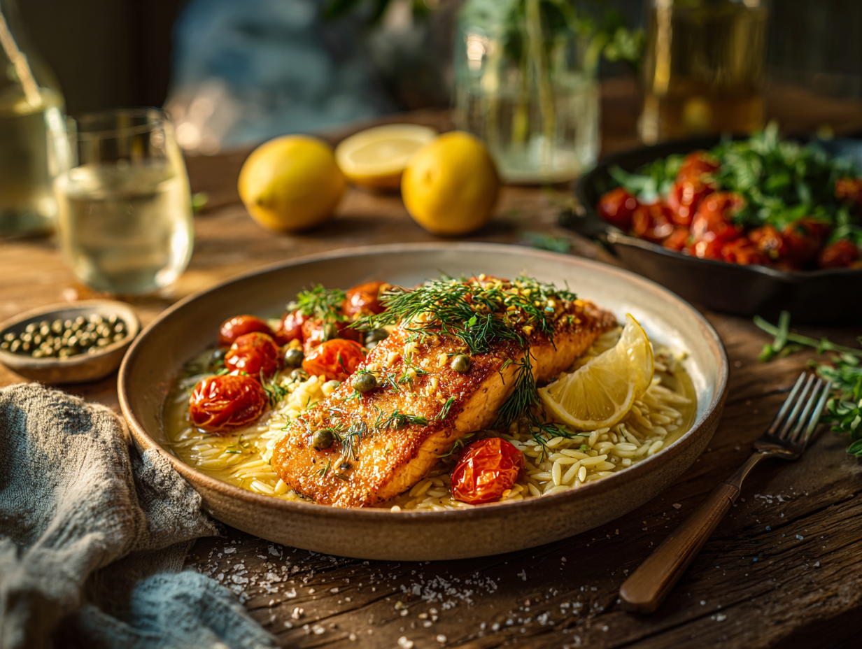 Crispy Lemon-Herb Salmon With Garlic Butter Orzo And Burst Tomatoes