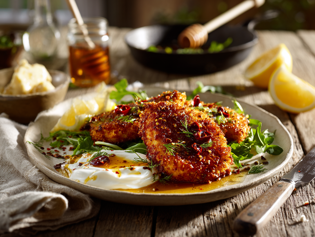Crispy Hot Honey Chicken Cutlets with Lemon-Herb Yogurt