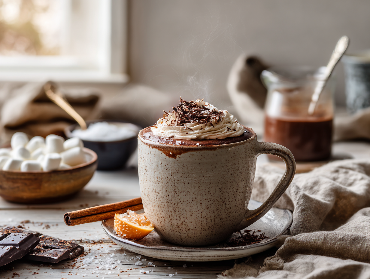 Silky Hot Cocoa with Salted Cocoa Whipped Cream