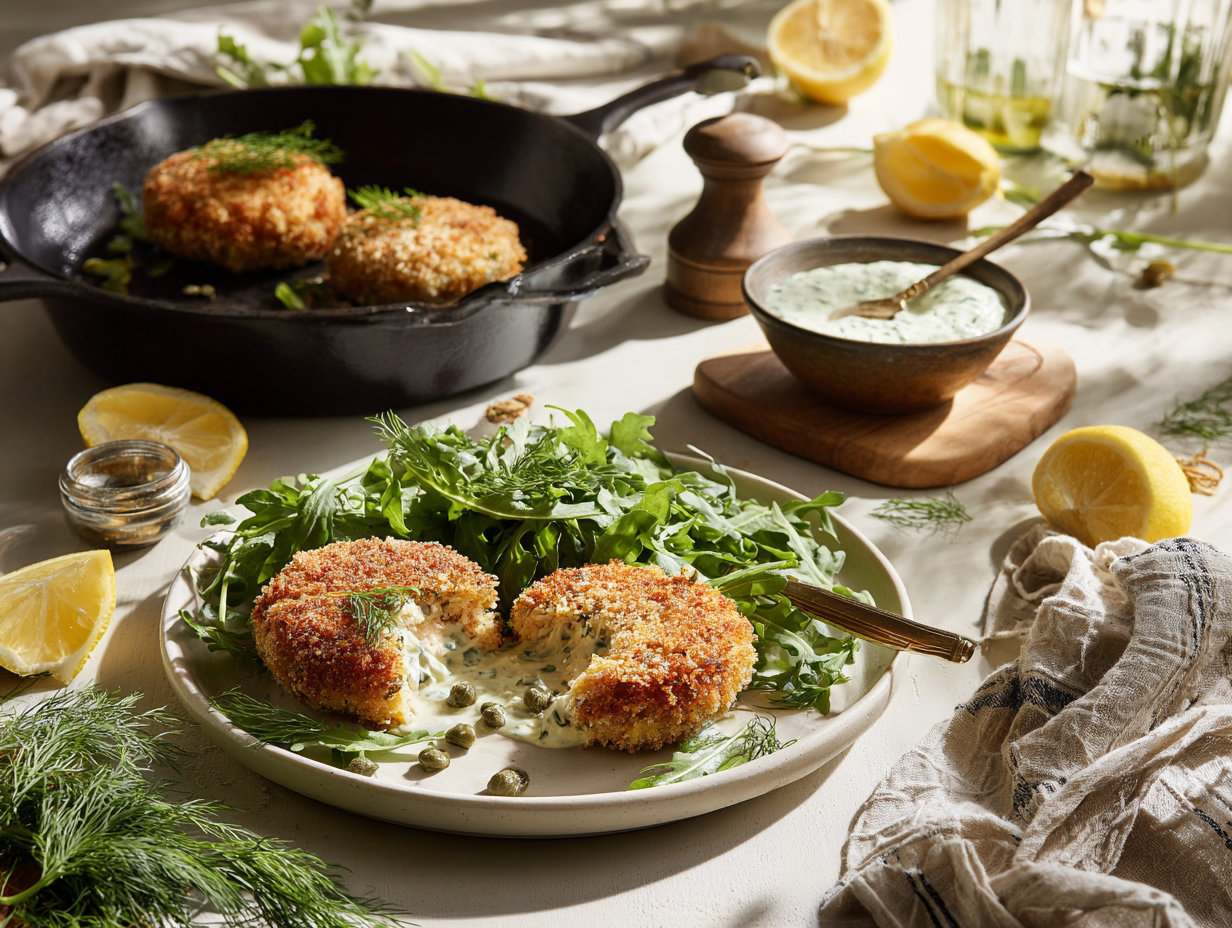 Crisp-Edged Salmon Patties with Lemon-Dill Sauce