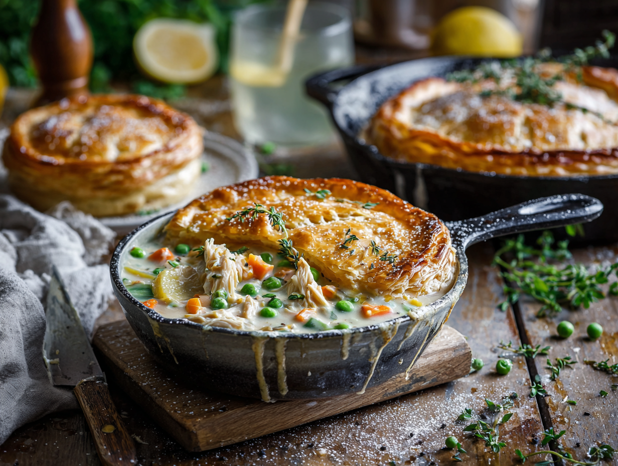 30-Minute Skillet Chicken Pot Pie With Puff Pastry Lids