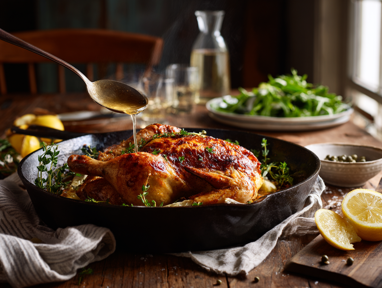 Spatchcock Cornish Hen with Lemon–Thyme Pan Sauce