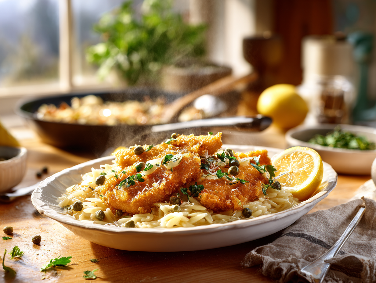 Crispy Oyster Mushroom Piccata with Lemon-Garlic Orzo