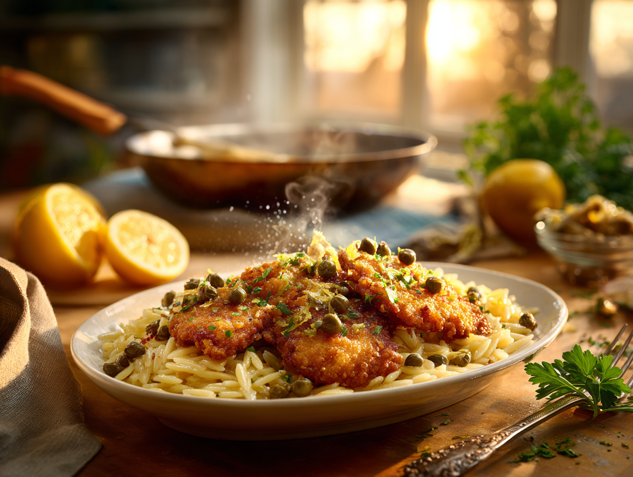 Crispy Oyster Mushroom Piccata With Lemon-Garlic Orzo