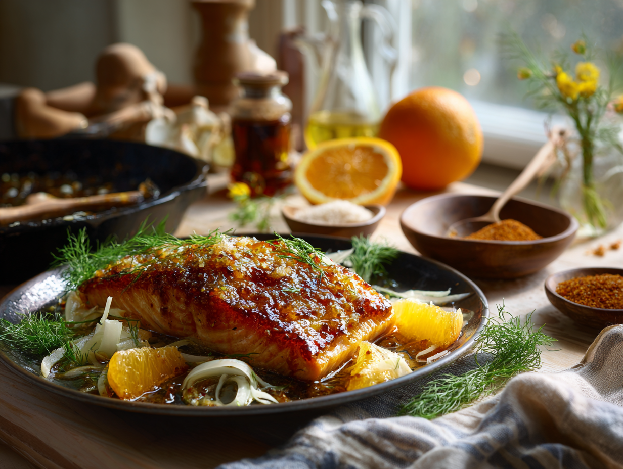 Citrus Brown Sugar “Scrub” Salmon With Fennel-Orange Crunch