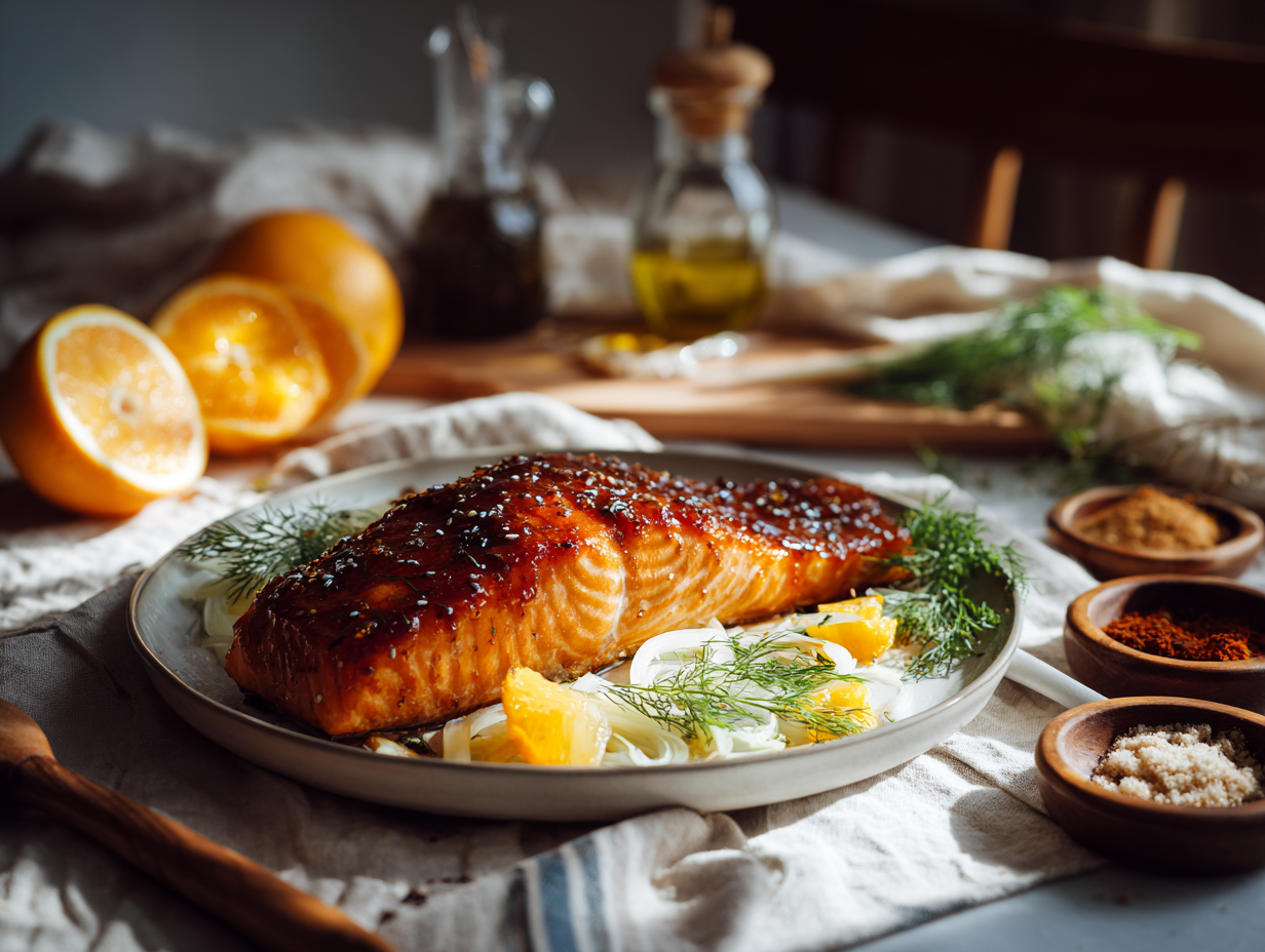 Citrus Brown Sugar “Scrub” Salmon with Fennel-Orange Crunch