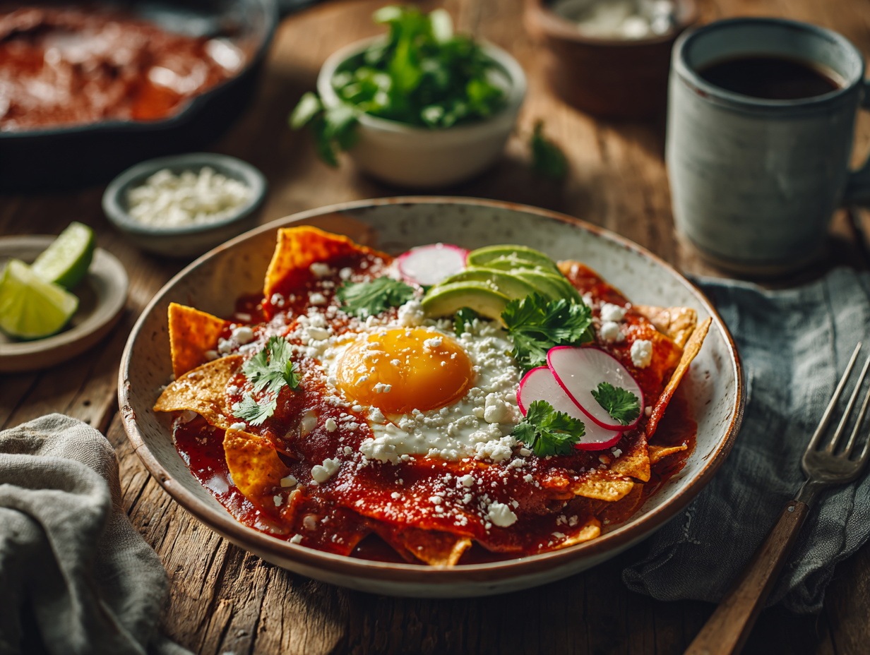 Weekday Chilaquiles Rojos with Sunny Eggs