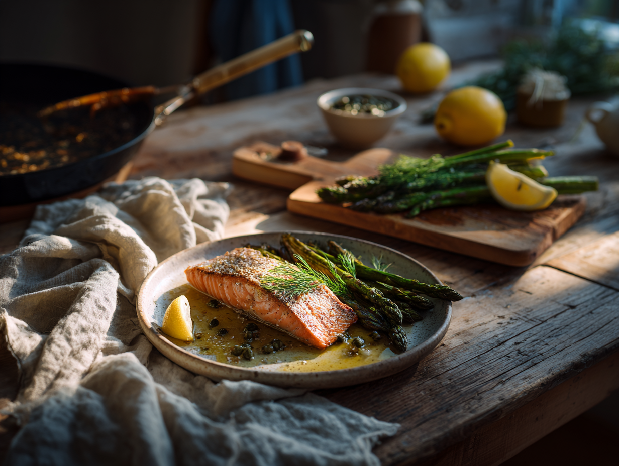Crispy Skillet Salmon With Lemon-Dill Brown Butter And Charred Asparagus