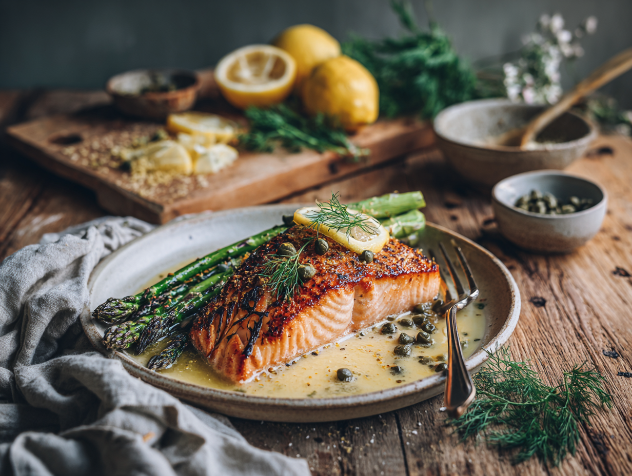 Crispy Skillet Salmon with Lemon-Dill Brown Butter and Charred Asparagus