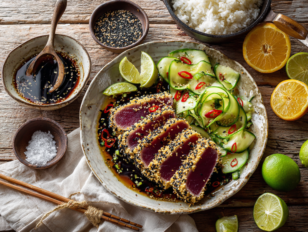 Sesame-Crusted Seared Ahi Tuna with Citrus-Soy Pan Sauce and Quick Cucumber Pickles