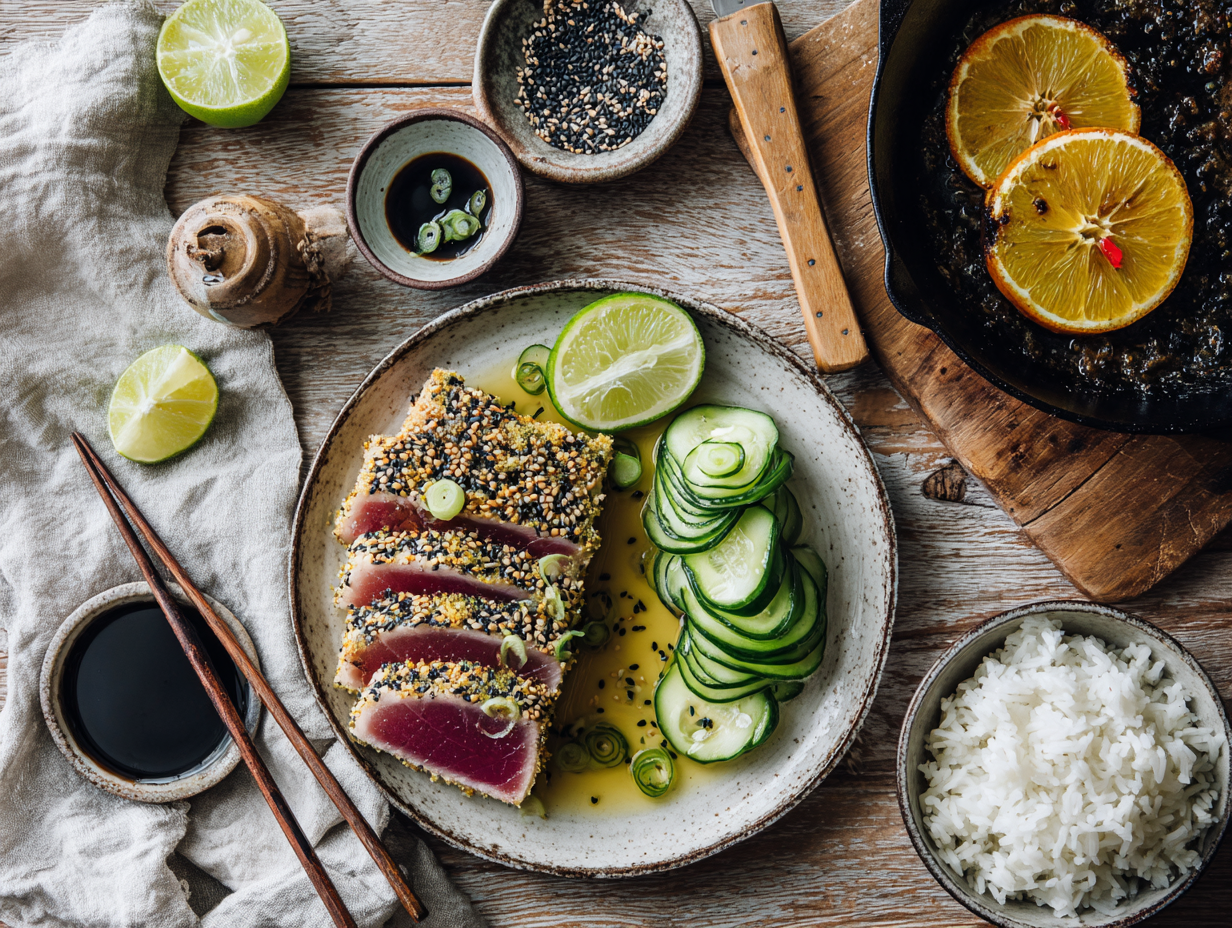 Sesame-Crusted Seared Ahi Tuna With Citrus-Soy Pan Sauce And Quick Cucumber Pickles