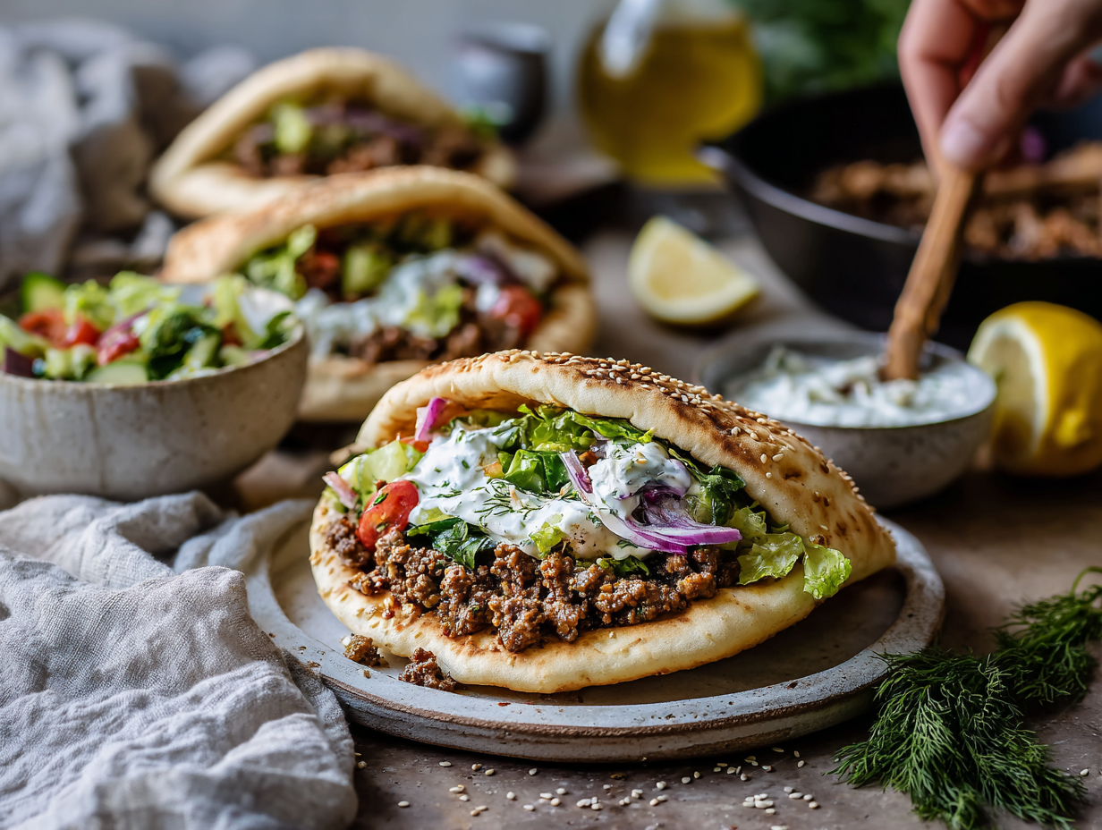 Greek Beef Pitas Fast 2 30-Minute Greek-Style Ground Beef Pitas With Lemon-Herb Yogurt