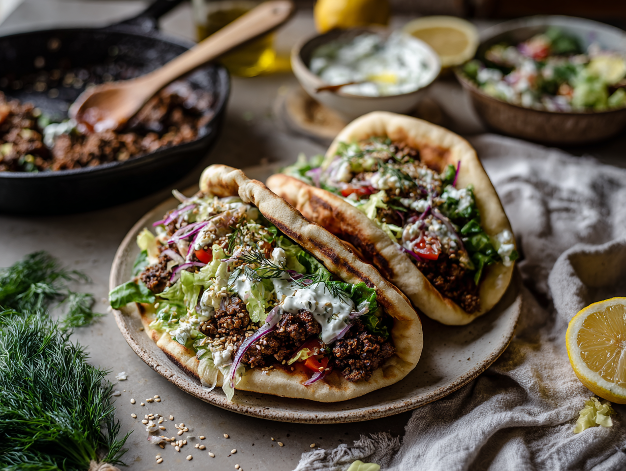30-Minute Greek-Style Ground Beef Pitas with Lemon-Herb Yogurt
