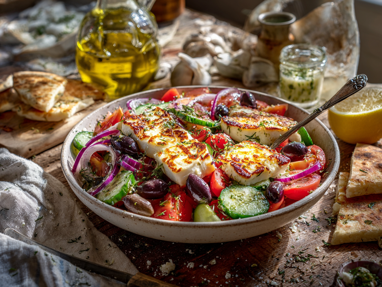 Greek Salad Recipe (Horiatiki) With Warm Halloumi &Amp; Lemon–Oregano Dressing