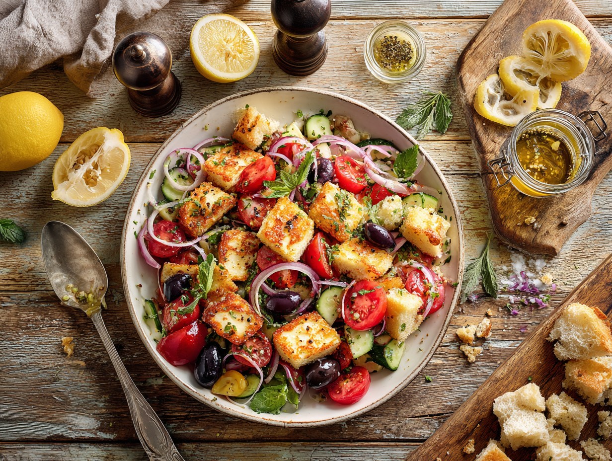 Crispy Halloumi Panzanella Salad 2 Crispy Halloumi Panzanella Salad With Lemon-Oregano Dressing