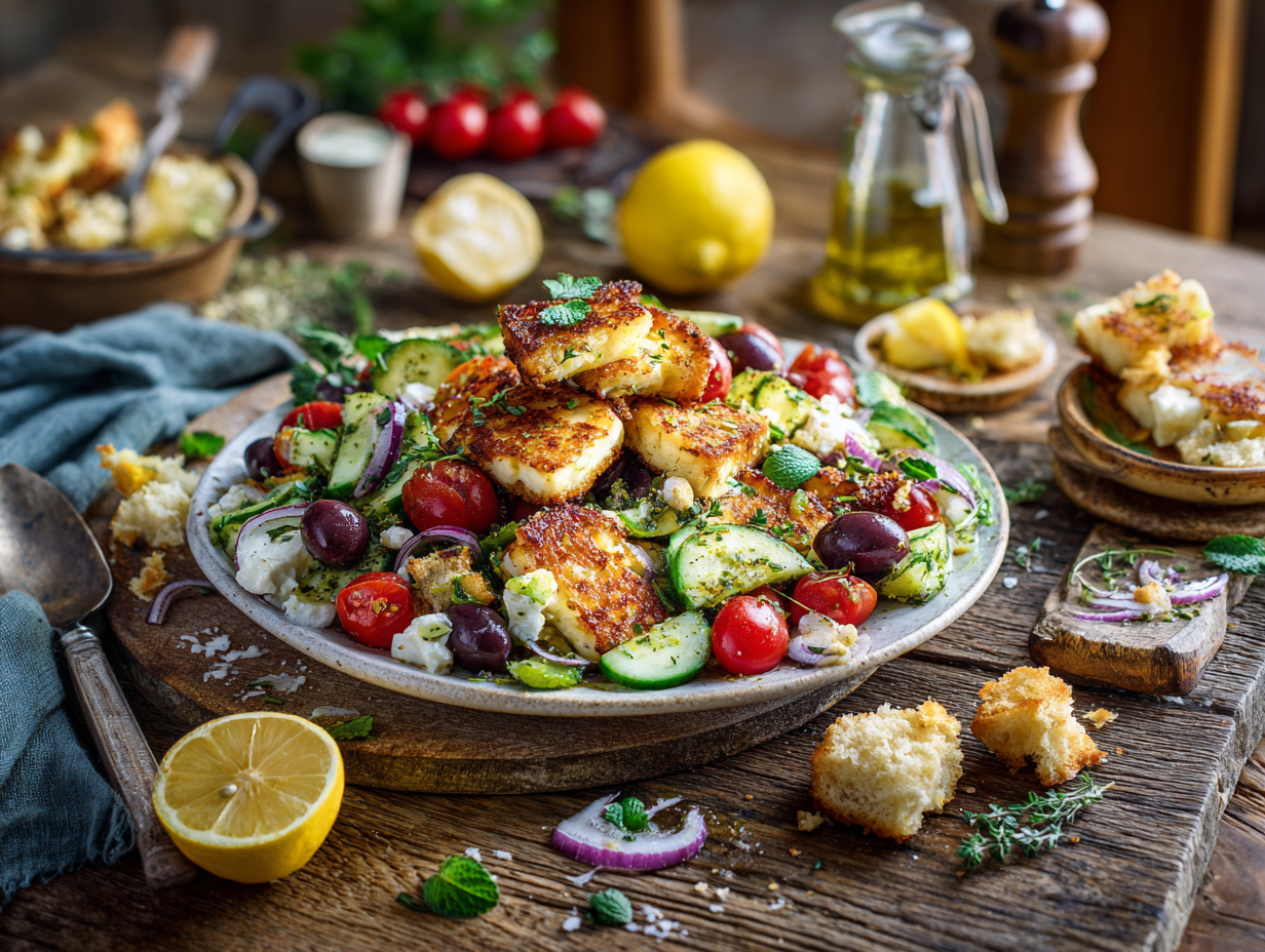 Crispy Halloumi Panzanella Salad with Lemon-Oregano Dressing