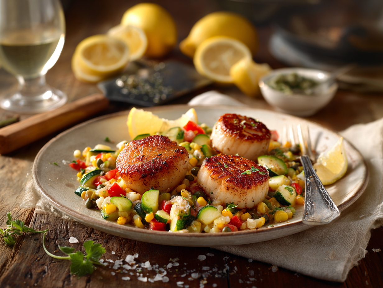 Seared Scallops With Lemon Brown Butter And Sweet Corn Succotash