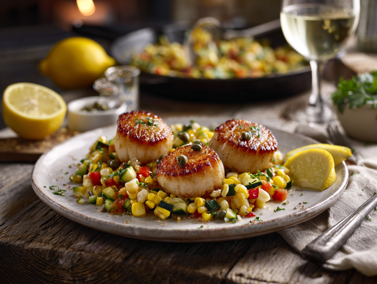 Seared Scallops with Lemon Brown Butter and Sweet Corn Succotash