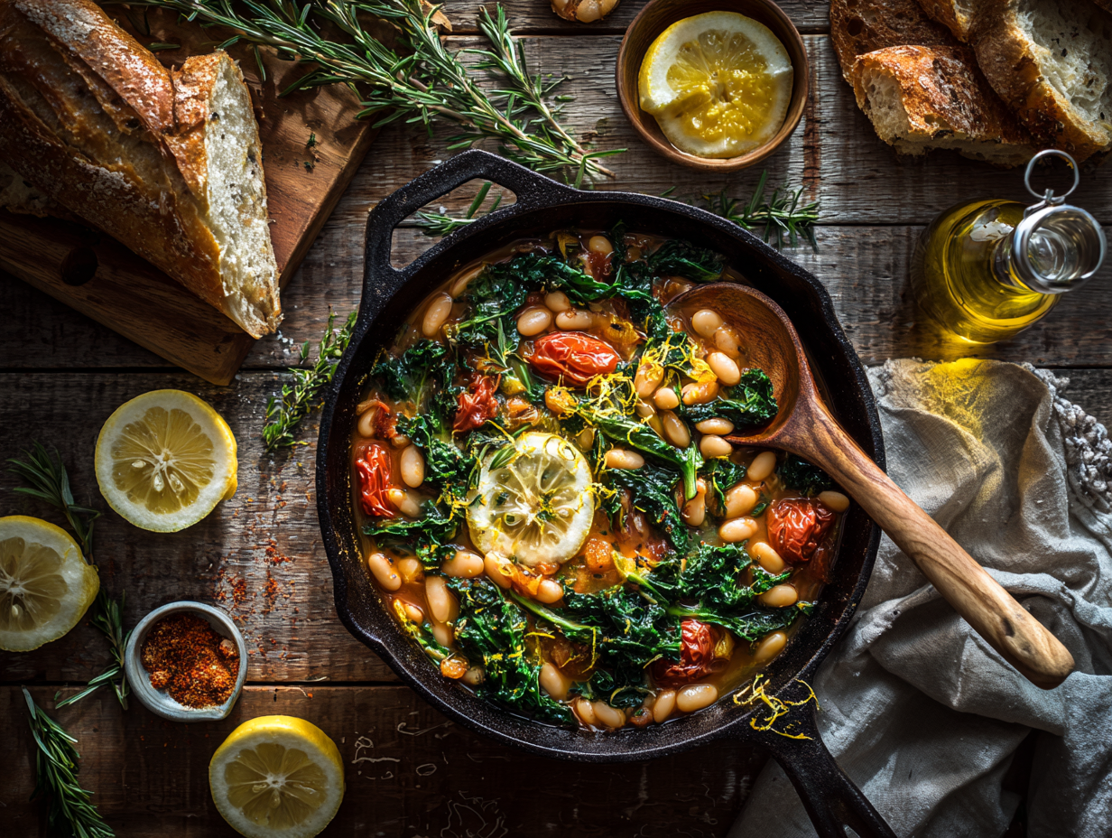 Smoky Lemon-Herb White Bean Skillet with Garlic & Greens