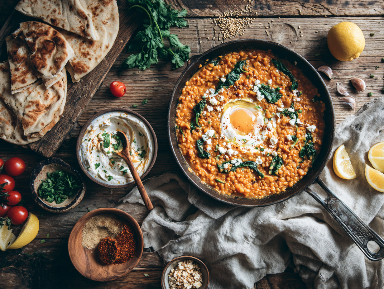 Smoky Lemon-Herb Red Lentils With Garlicky Greens (One-Pan)