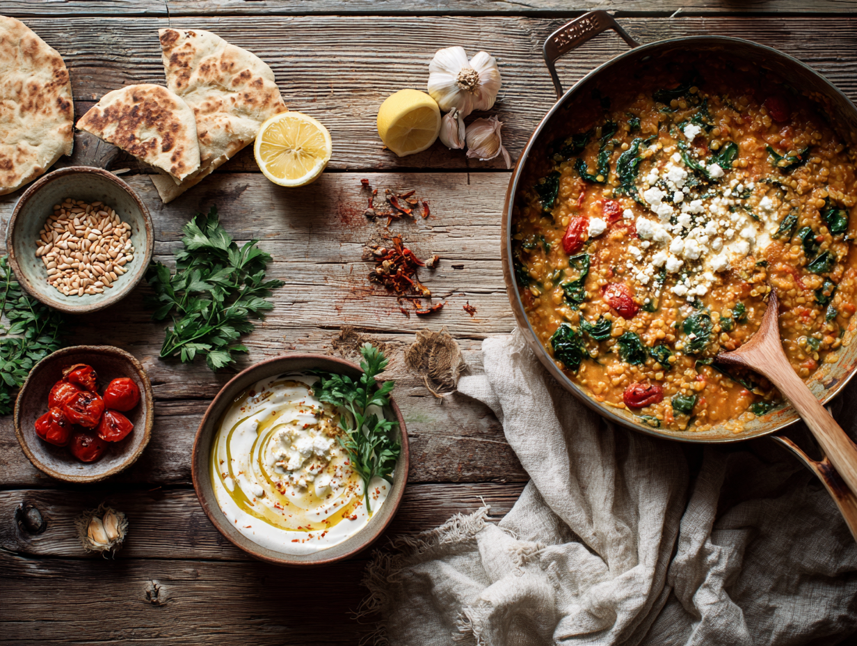 Smoky Lemon-Herb Red Lentils with Garlicky Greens (One-Pan)
